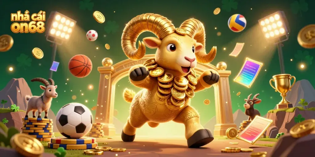 Experience the excitement at nhà cái on68 with a dynamic 3D scene featuring golden ram and sports elements.