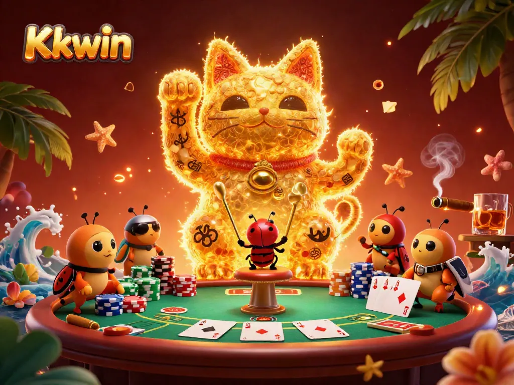 Experience vibrant casino gaming with Kkwin, showcasing a lucky cat formed by golden fireflies amidst poker excitement.