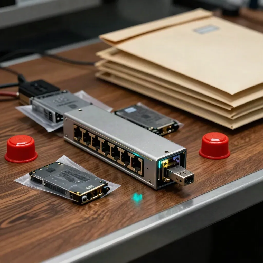 Stół laboratoryjny do reagowania na incydent: switch, dyski, alarm i koperty dowodowe.