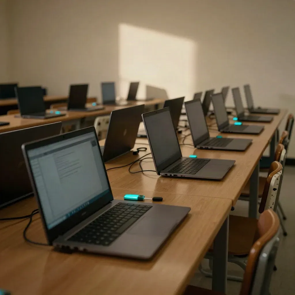 Pusta pracownia komputerowa z zamkniętymi laptopami po warsztatach antyphishingowych.