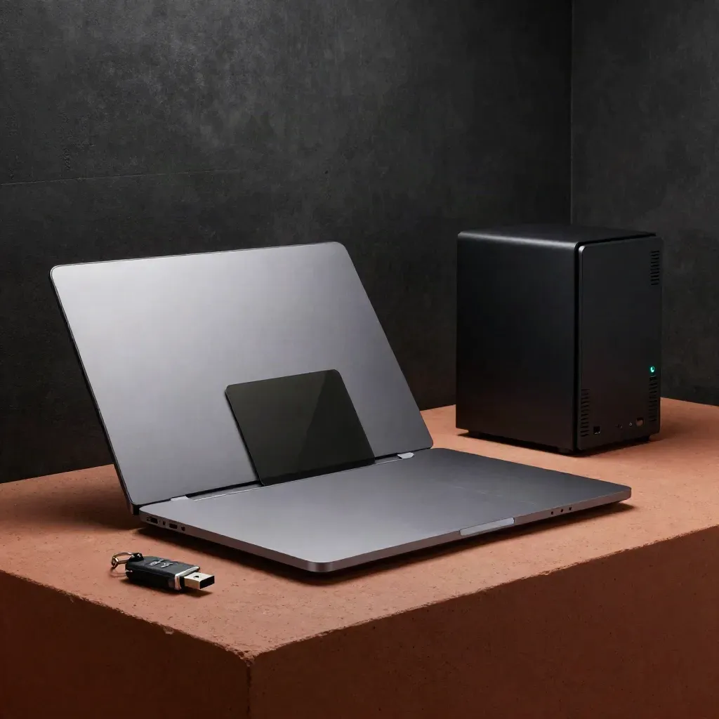 Zamknięty laptop, pendrive szyfrujący, próbka filtra prywatności i firewall na ciemnym cokole.