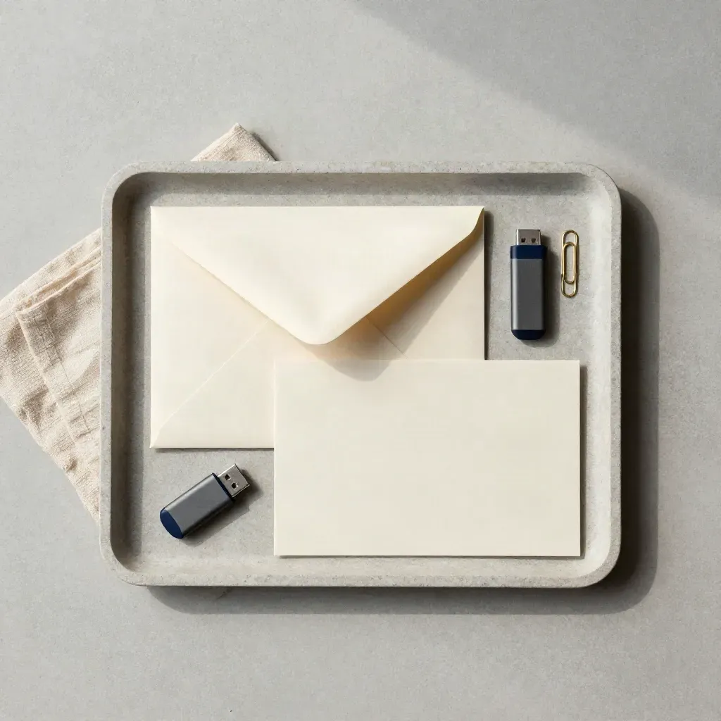 Zestaw raportu, pendrive, etui certyfikatu i złote spinacze na kamiennej tacy.
