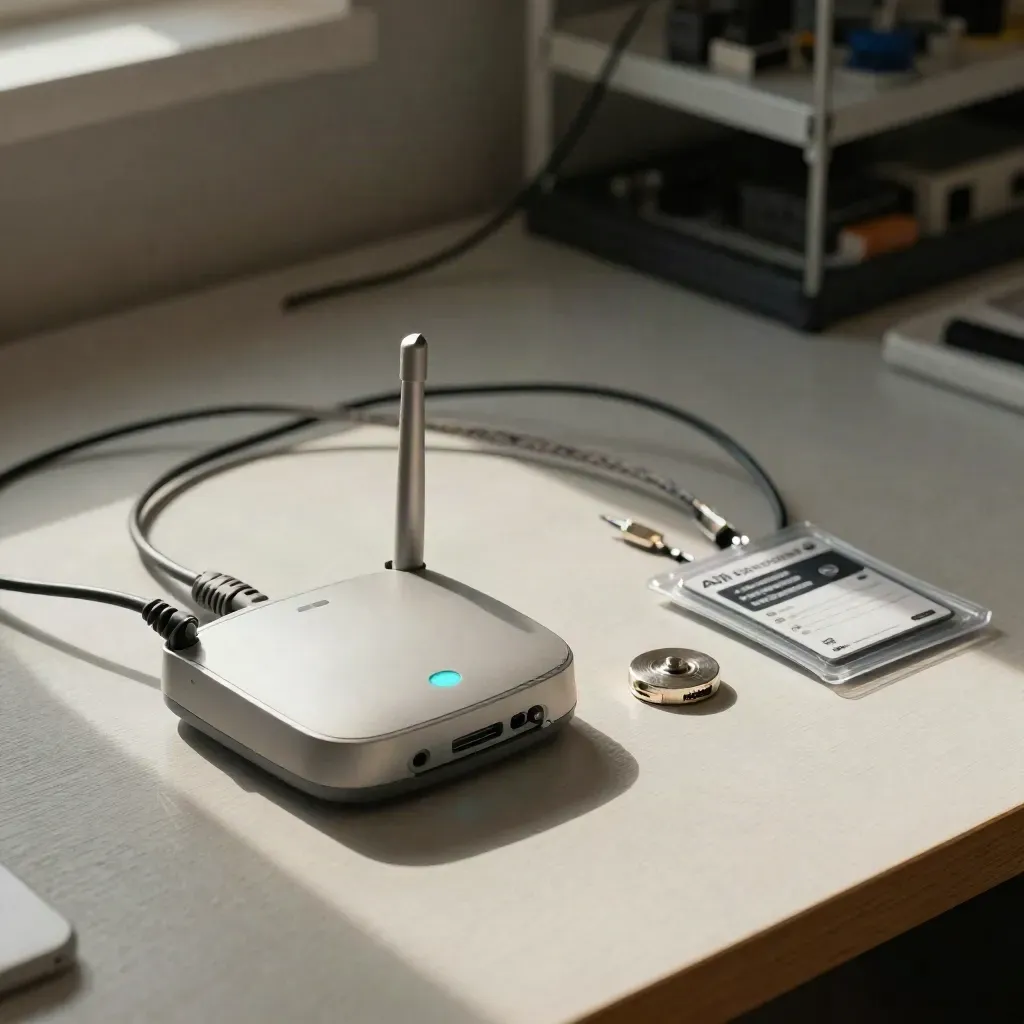 Router, kable i token obok pakietu szkoleniowego na jasnym drewnie.