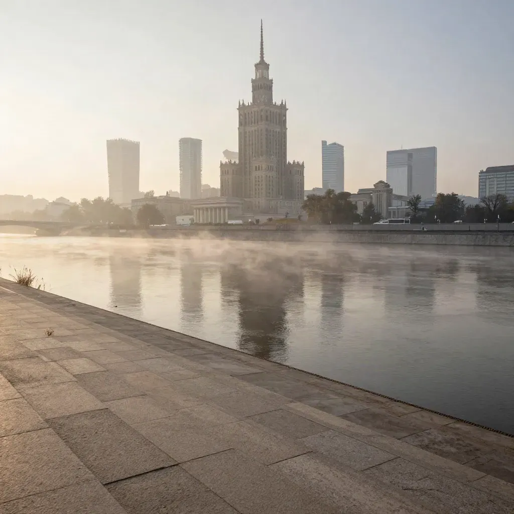 Warszawska panorama o świcie z Pałacem Kultury nad mgłą Wisły i kamiennym nabrzeżem