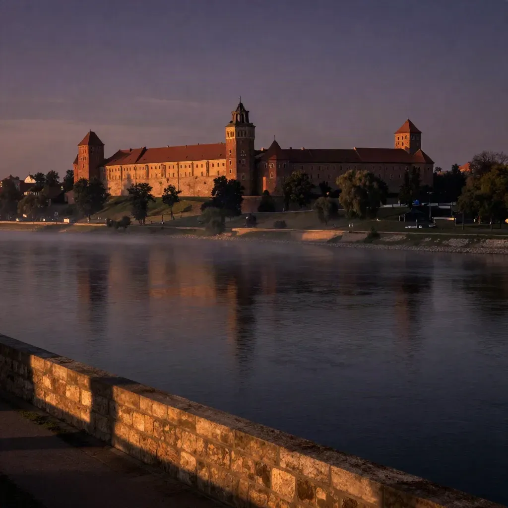 Wawel nad zakolem Wisły o złotej godzinie, mgła nad wodą i spokojne miejsce na tekst.