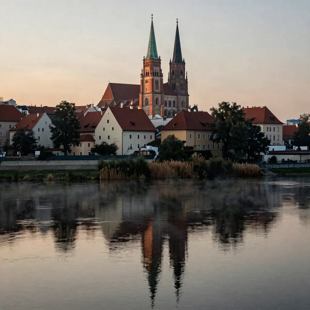 Wrocław nad Odrą z wyspami i katedrą w ciepłym wieczornym świetle.