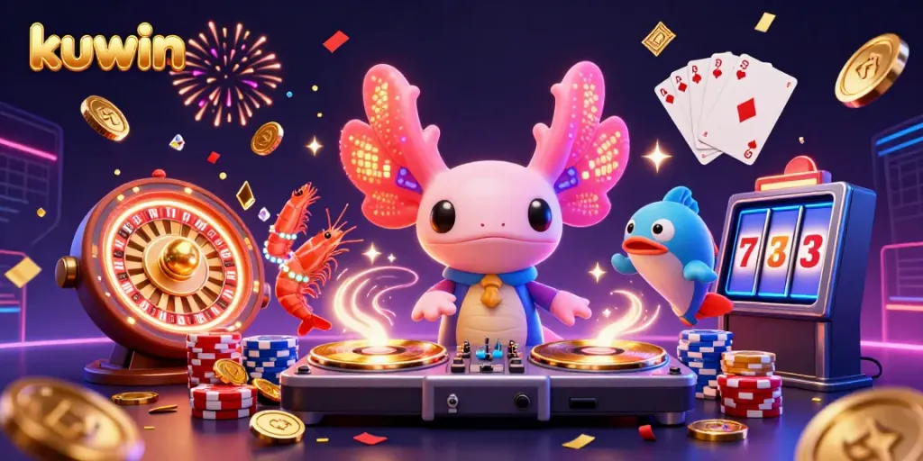 Kuwin's vibrant casino experience featuring a DJ axolotl, shrimp dancers, and gold coins flowing in a colorful underwater scene.