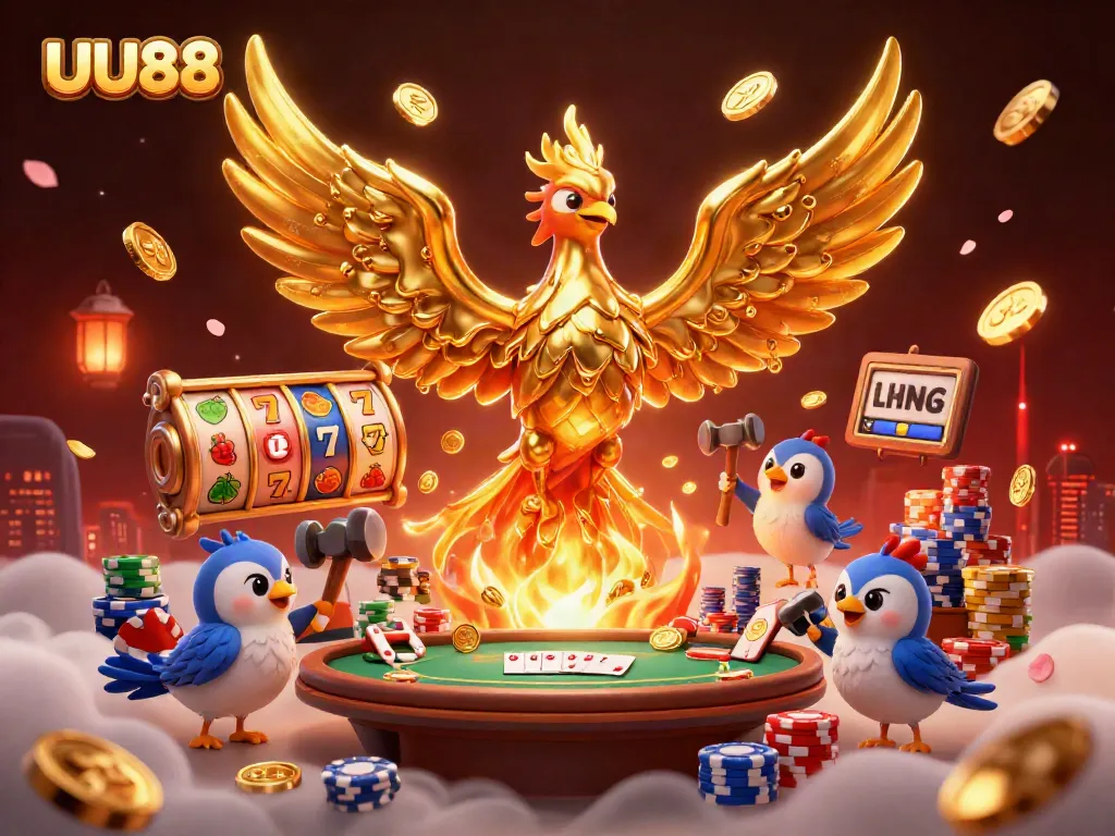 Experience the thrilling energy of UU88 with a molten golden phoenix amidst vibrant casino elements and poker excitement.