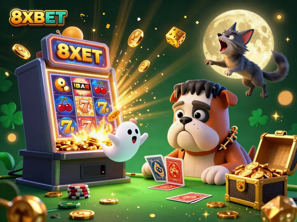 Engage in thrilling casino action at 8XBET with a 3D cartoon bulldog dealer and festive elements.