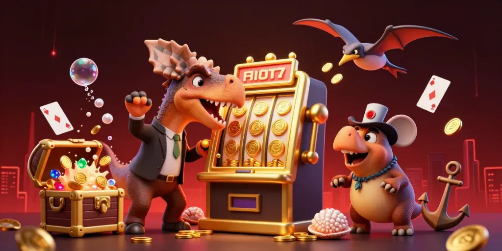 Burungbet menghadirkan pemain beraksi di slot jackpot dengan karakter kartun 3D terlibat dalam permainan casino.
