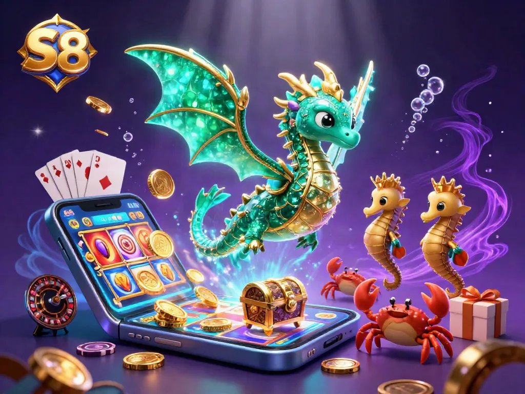 S8 offers exhilarating slot gaming, featuring a colorful display of spinning reels and golden coins.