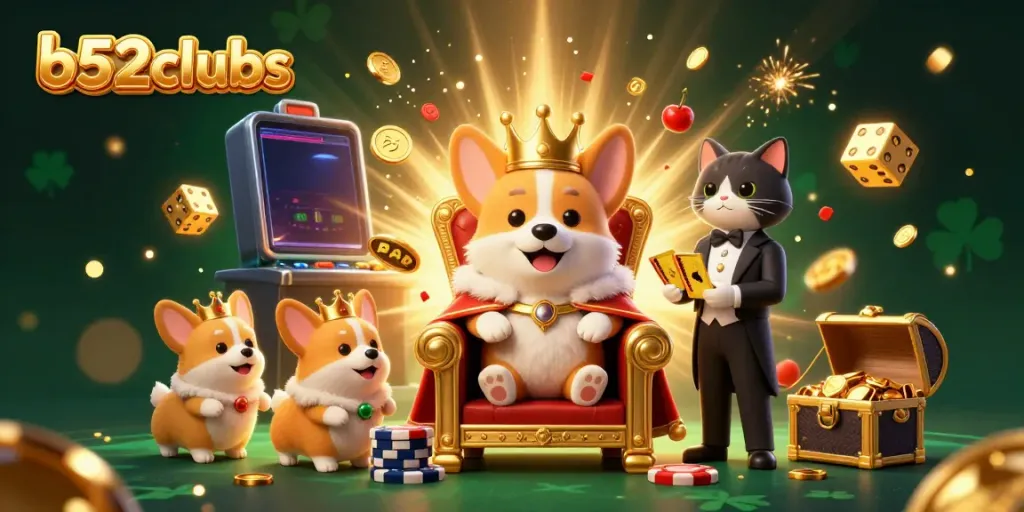 Experience the exciting world of b52clubs with a royal corgi on a throne surrounded by casino elements.