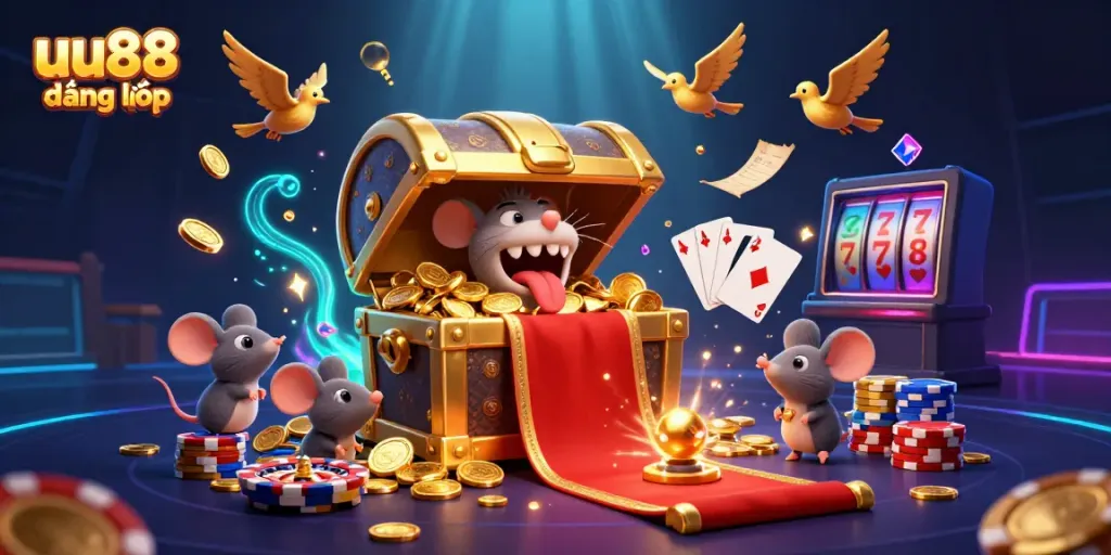 Experience a thrilling uu88 đăng nhập scene with a treasure chest, riches, and lively casino elements.