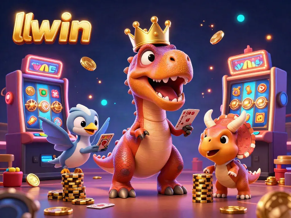 Engage in thrilling casino action with llwin, featuring a T-Rex shuffling cards and vibrant slot machines.