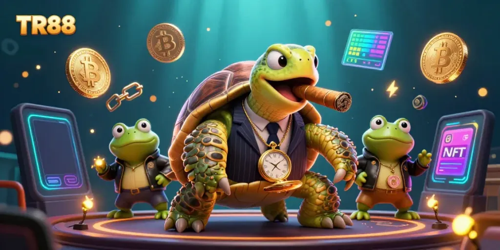 Experience the thrill of TR88 with a dynamic casino scene featuring a mobster turtle and bullfrog enforcers.