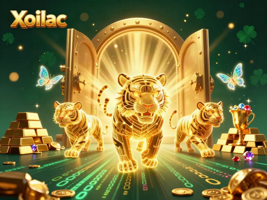 Experience thrilling gaming with Xoilac as a golden tiger leads in a vibrant casino scene filled with treasures.