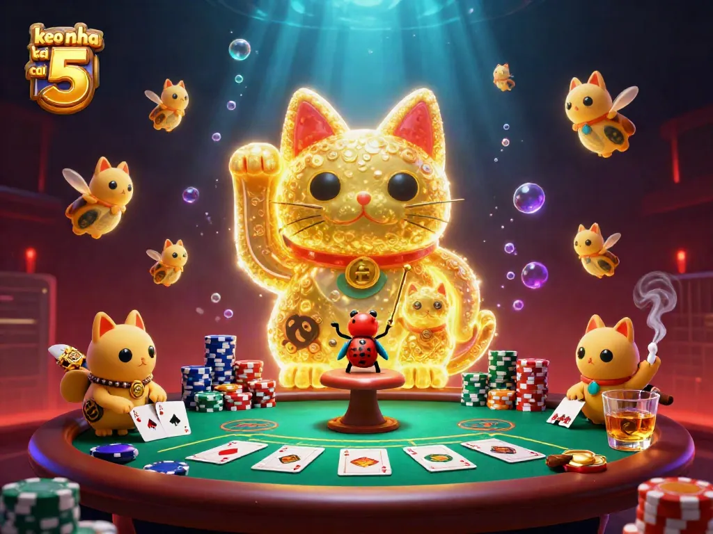 Engage with the vivid atmosphere of keo nha cai 5, showcasing a lucky cat and energetic poker scene.