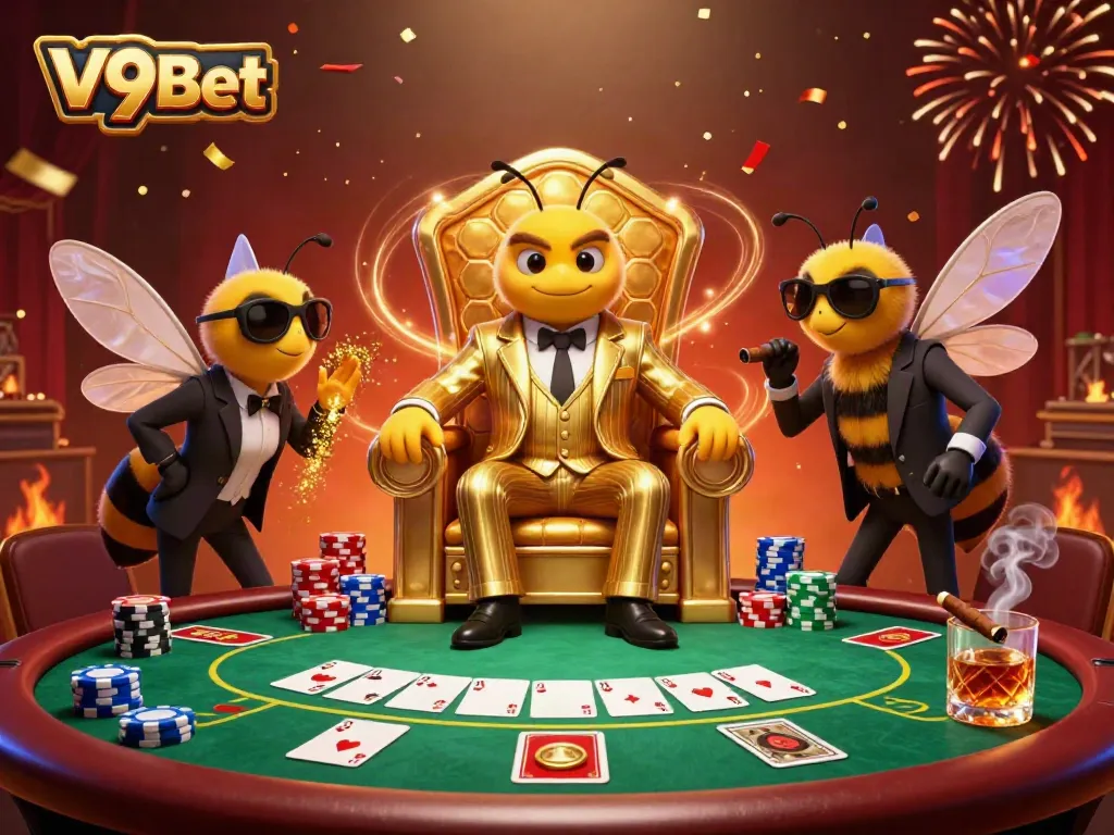 Experience high-stakes poker with V9Bet's vibrant casino scene featuring a cartoon mob boss.