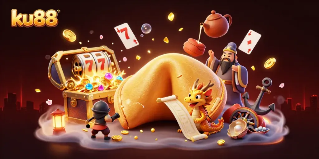 Experience thrilling gameplay excitement with ku88's vibrant 3D casino illustration showcasing energy and fun.