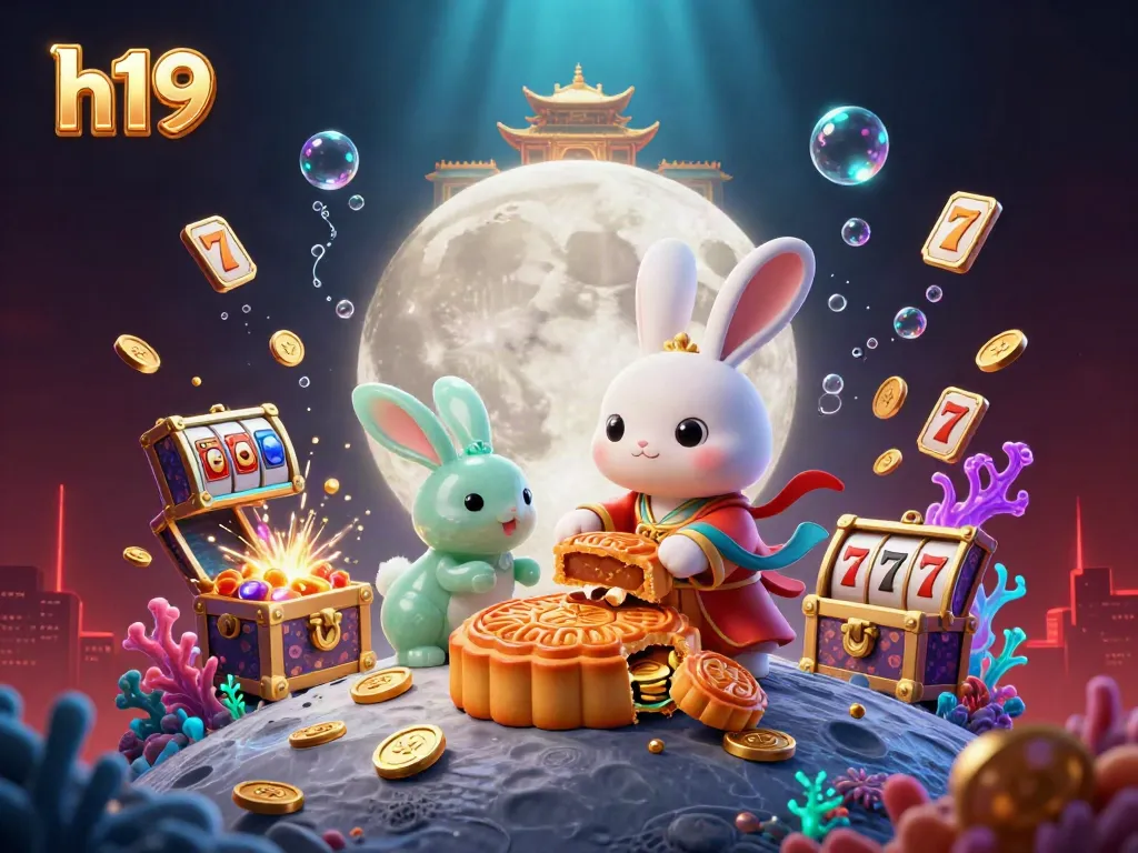 Engage in thrilling gameplay with h19, featuring a magical moon rabbit revealing poker chips amid vibrant casino elements.