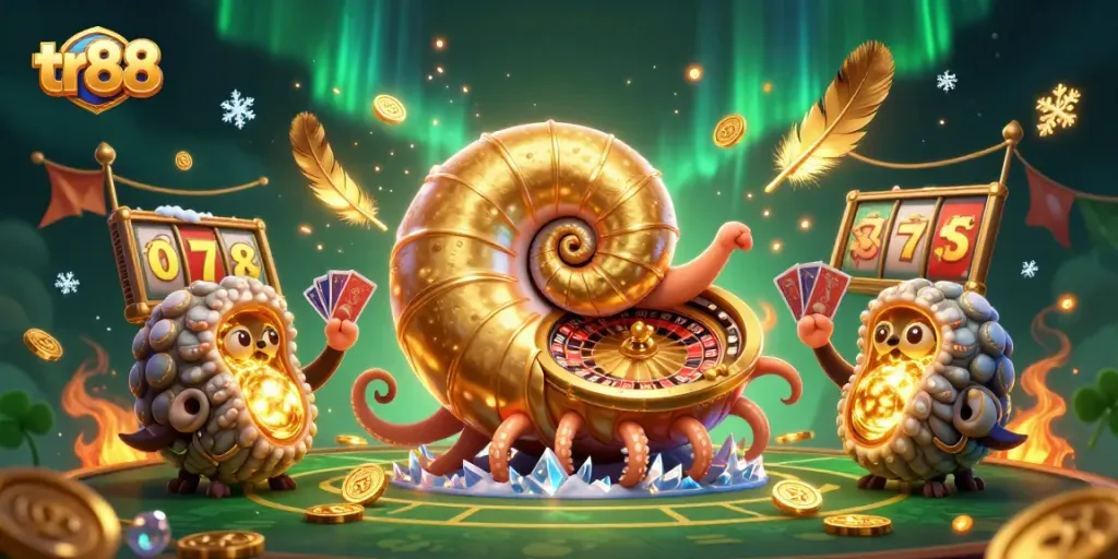 Engage with the tr88 experience through a vibrant casino scene featuring a 3D nautilus roulette wheel.