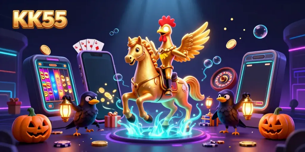 Delve into KK55: a captivating casino scene featuring a golden rooster horseman and vibrant game elements.