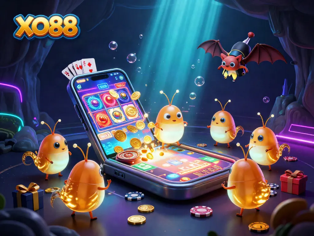 Experience the vibrant XO88 casino world with glowworms and a bat dealer, showcasing thrilling gaming action.