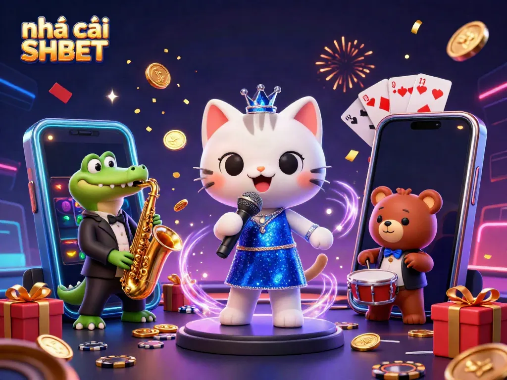 Engaging 3D rendering showcasing Nhà cái SHBET with vibrant casino characters and festive gaming elements.