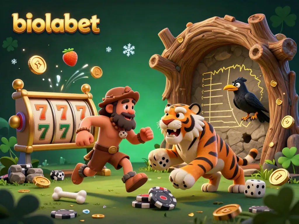 Experience biolabet's exciting prehistoric casino with caveman and sabertooth tiger, featuring dynamic slot elements.