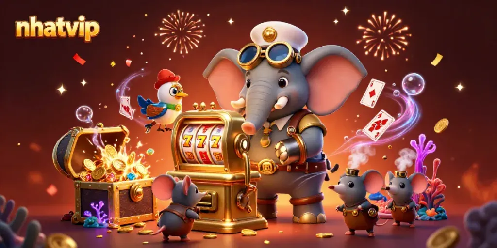 Nhatvip's thrilling slots scene, featuring a steampunk elephant and vibrant casino elements.