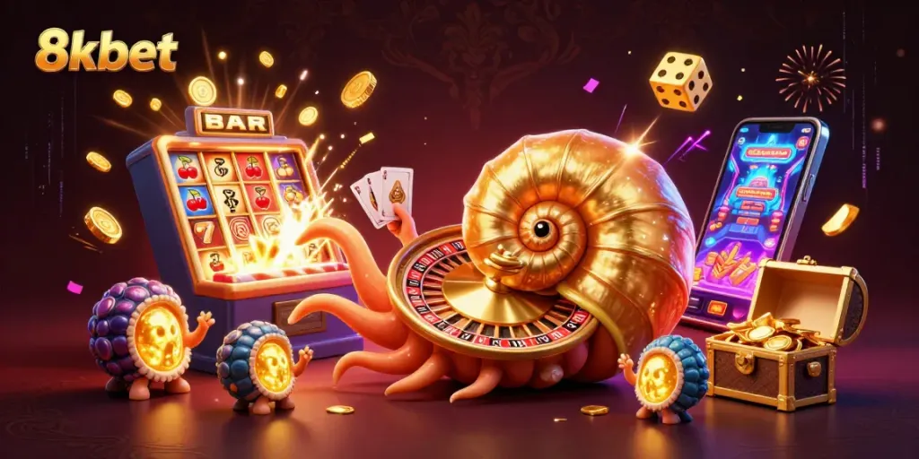 Experience the excitement of 8xbet through a vibrant scene featuring a nautilus roulette and exploding slots.