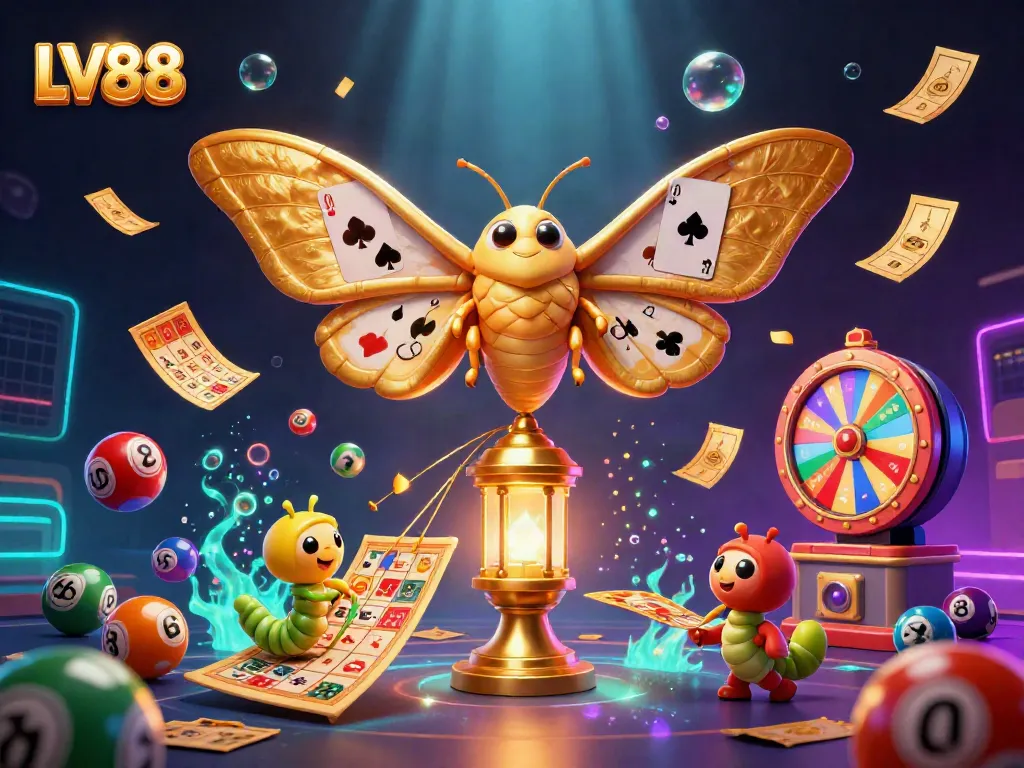 Experience the excitement of LV88 with vibrant casino scenes illustrated by a majestic moth and dynamic game elements.