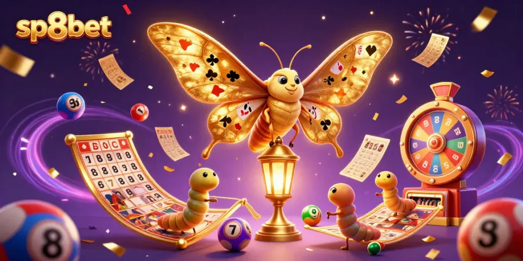 Experience the excitement of sp8bet with giant moths and vibrant casino elements in a stunning 3D scene.