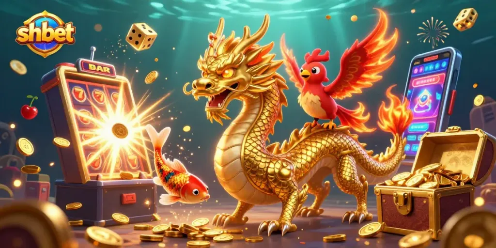 Engage with exciting sh bet casino games featuring a vibrant dragon, phoenix, and koi amidst explosive wins.