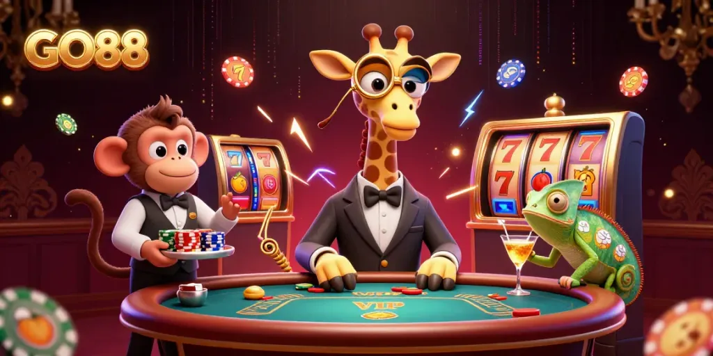 Experience thrilling gameplay with GO88 featuring a high-roller giraffe at a vibrant casino.