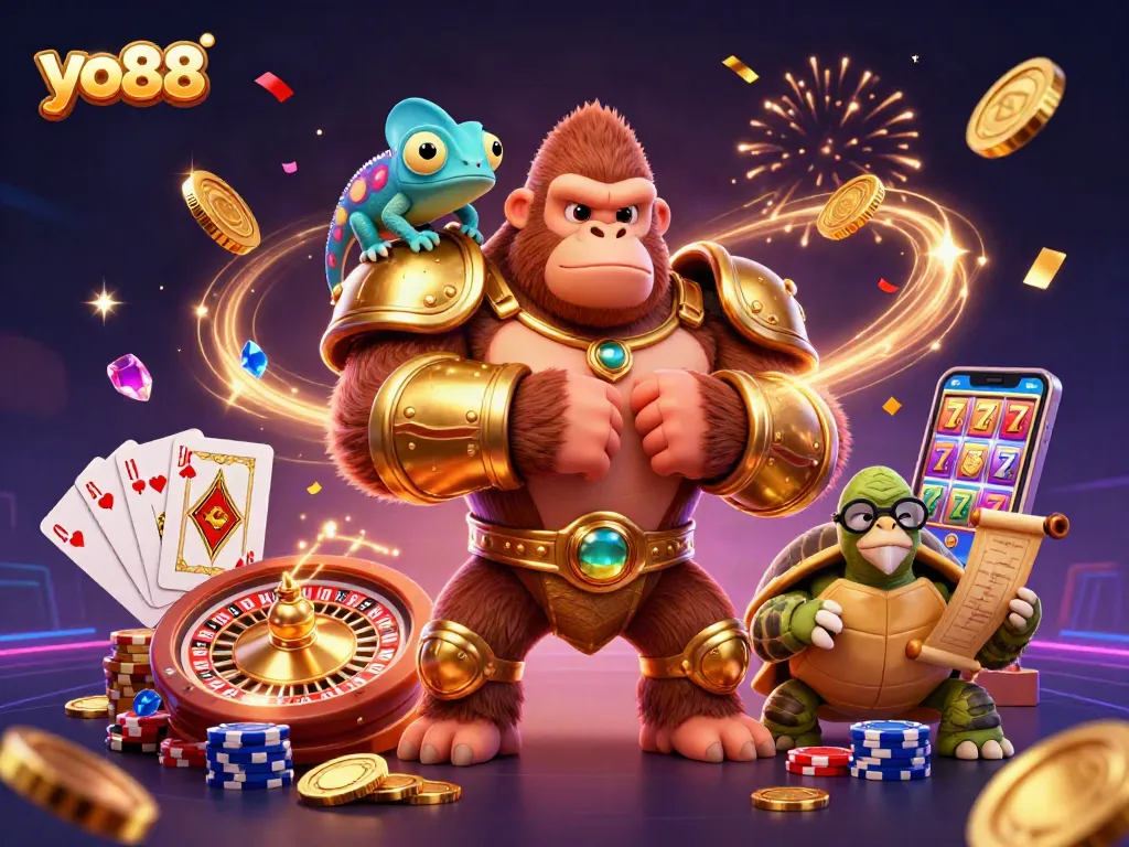 Engage with yo88's thrilling games showcasing a gorilla king, chameleon companion, and tortoise elder.