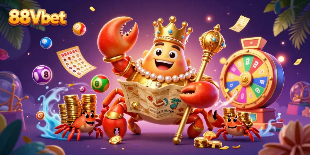 Experience the thrill of the 88Vbet casino with a vibrant 3D illustration of a golden crab emperor in a treasure-filled atmosphere.