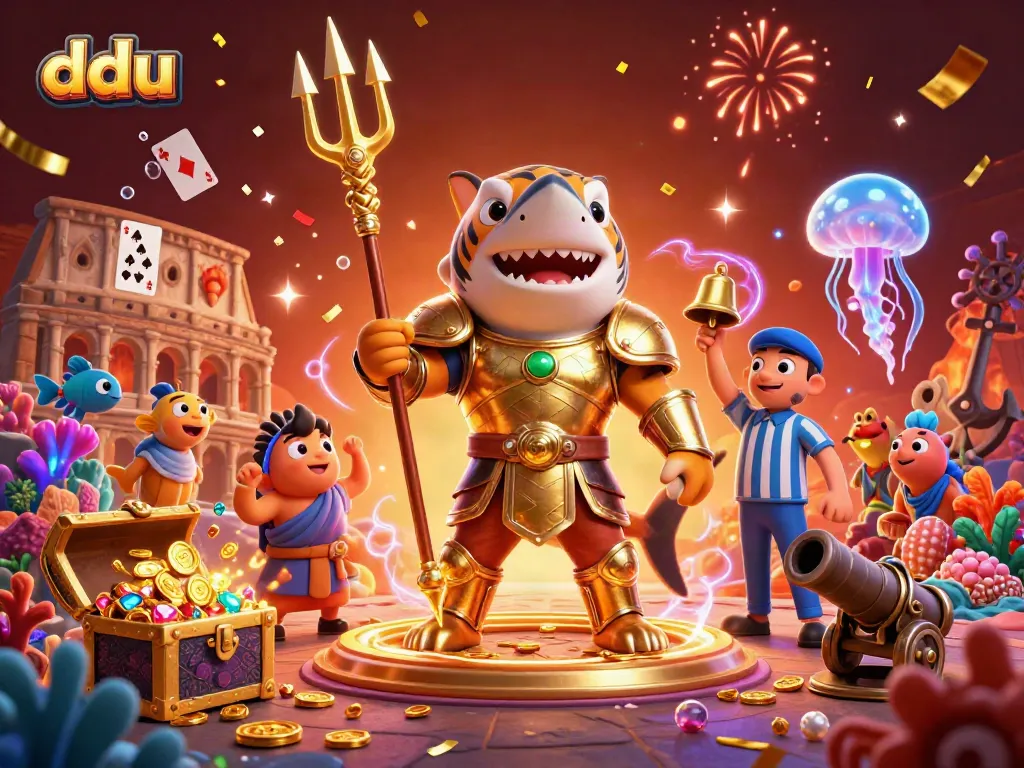 Experience immersive dduu gaming in a vibrant underwater colosseum with a golden gladiator tiger shark and treasures.