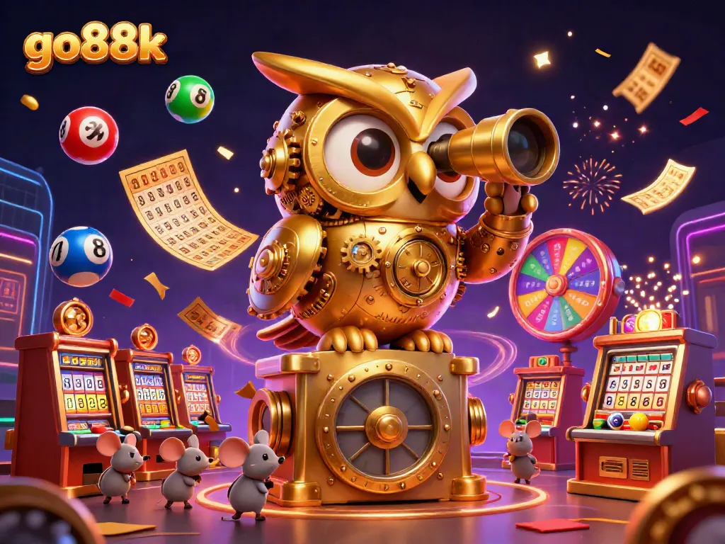 Experience go88k's vibrant casino scene with a golden owl, wind-up mice, and lottery games.