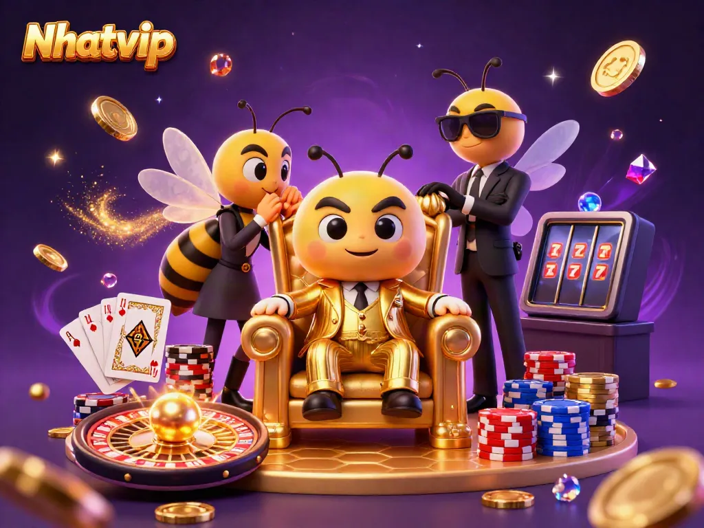 Nhatvip game scene featuring a cartoon bumblebee mob boss with wasp bodyguards, surrounded by casino elements.