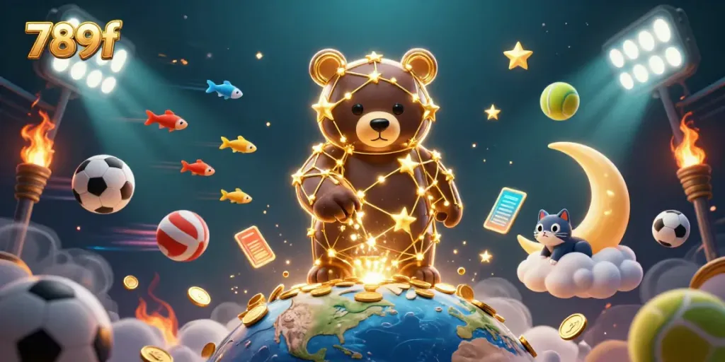 Experience the excitement of 789f as the constellation bear scoops coins amidst dynamic sports elements.