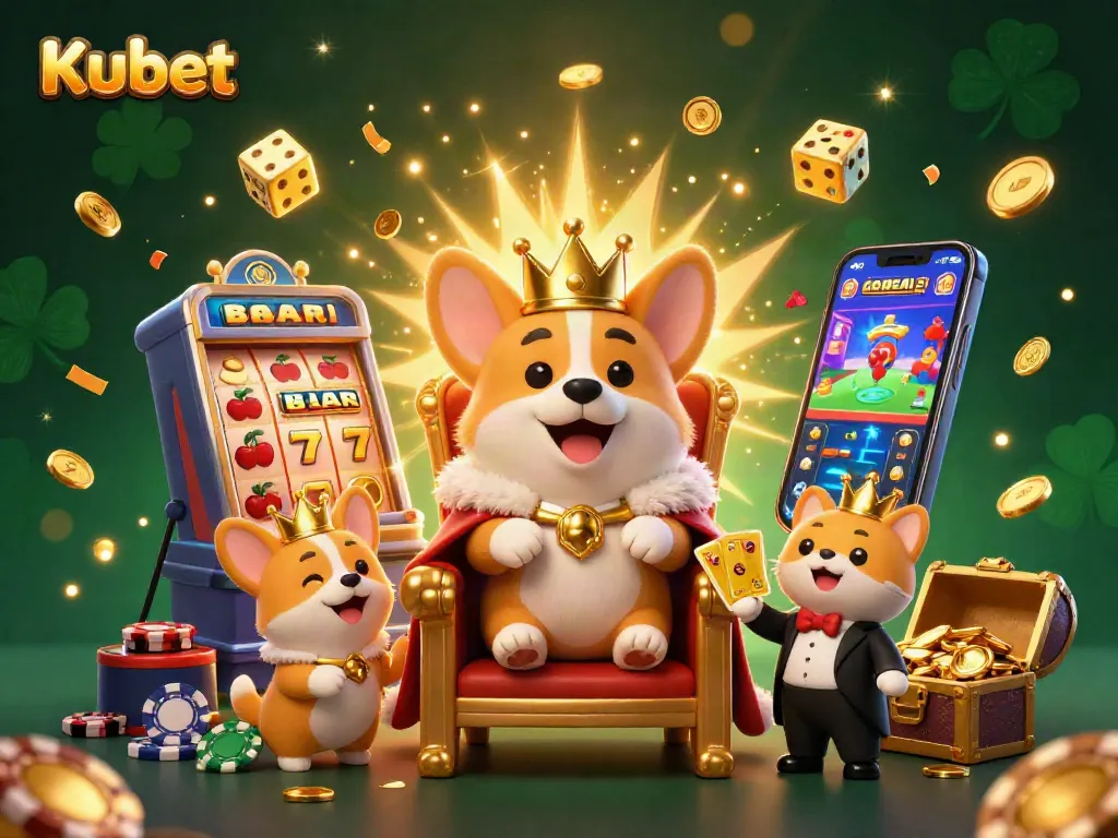Kubet casino scene with a royal corgi, golden chips, and exploding slot machine, showcasing festive gambling excitement.
