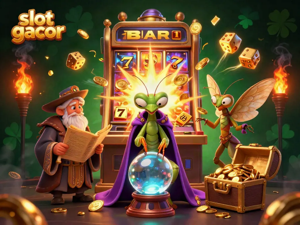 Win big with slot gacor as a whimsical mantis fortune teller and moth librarian guide you in a vibrant casino.
