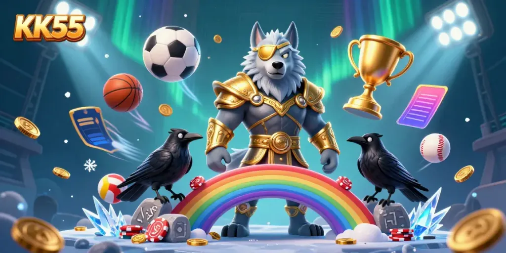 KK55 Odin wolf standing triumphantly on a casino chip bridge surrounded by dynamic sports elements and golden coins.