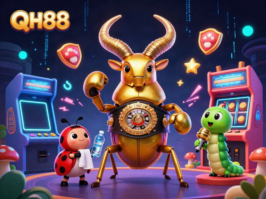 Play at QH88 with an engaging 3D casino illustration featuring vibrant gaming elements and lively characters.