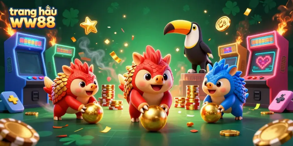 Celebrate winnings at trang chủ ww88 with animated pangolins, poker chips, and arcade games.