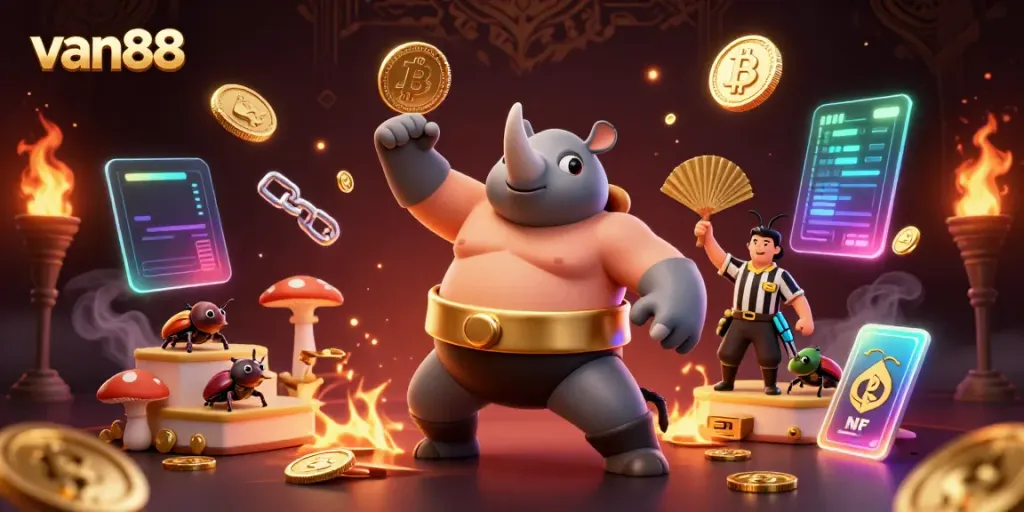 Experience the excitement of van88 with a vibrant digital casino scene featuring a powerful beetle champion surrounded by gleaming coins and crypto elements.