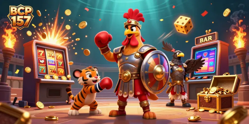 Engage with BCP 157 in a lively casino scene featuring a gladiator rooster and dynamic game elements.