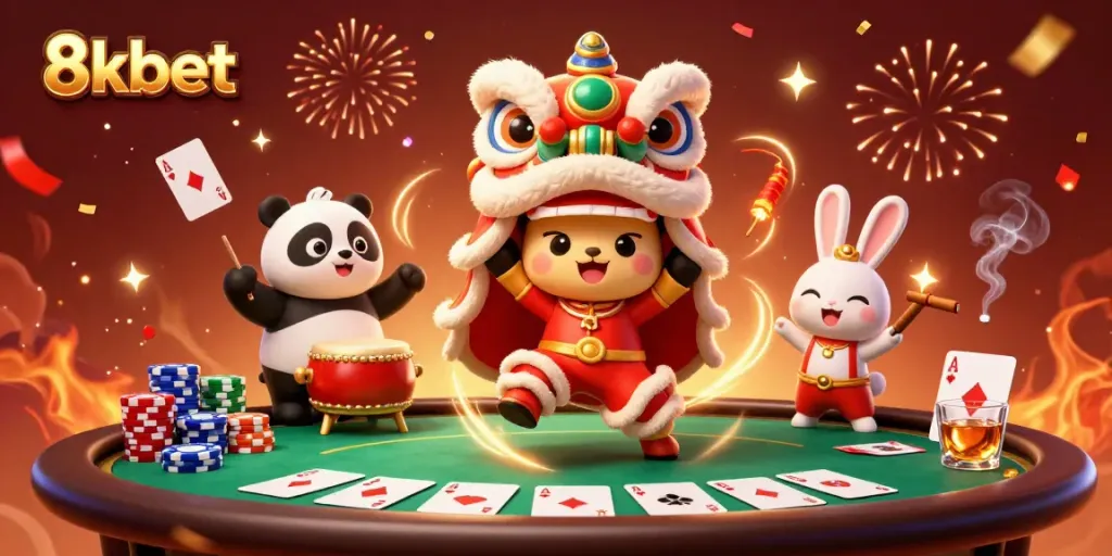 Experience excitement with 8xbet's vibrant illustration of gambling, showcasing poker tables and festive characters.