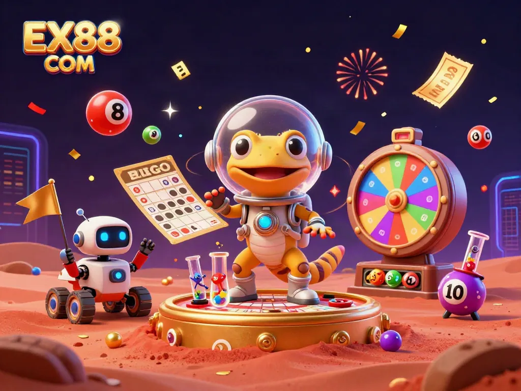 Experience gaming excitement with EX88 COM's vibrant casino adventure illustration.